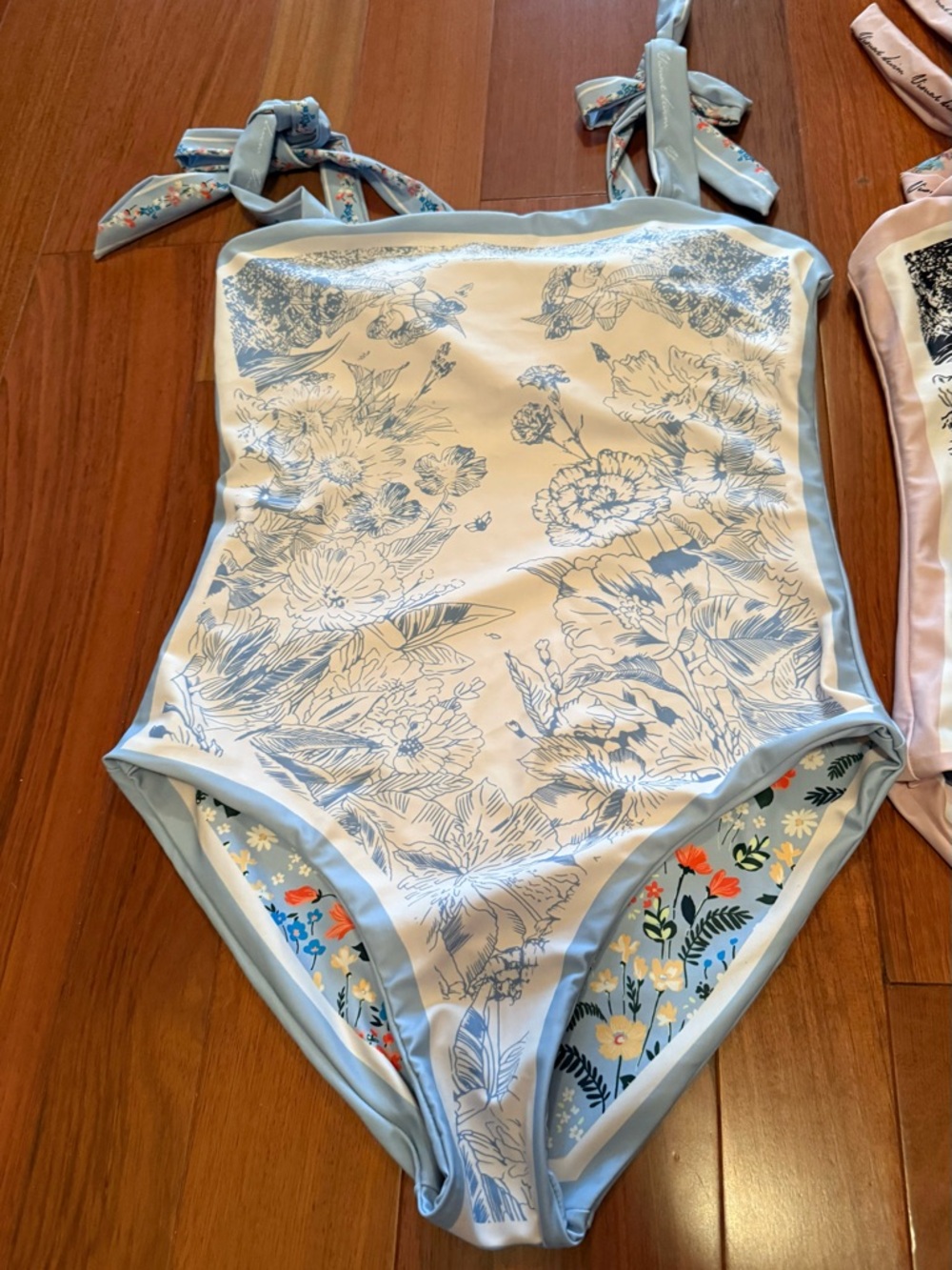 Two - Reversible Tie-Shoulder One-Piece Swimsuit in Light Blue & Pink - Picture 7 of 12